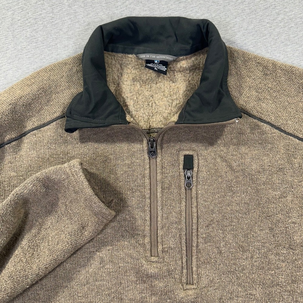 Kuhl Pullover Mens XL Brown Quarter Zip Fleece Thumbholes Chest Pocket Raglan